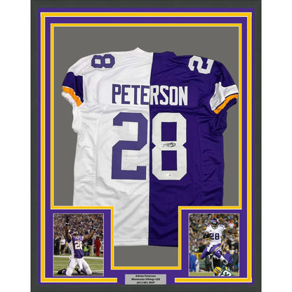 Framed Autographed Adrian Peterson 35x39 Minnesota Split Football Jersey JSA COA | Hall of Fame Sports Memorabilia | vintageantiquesgifts.com