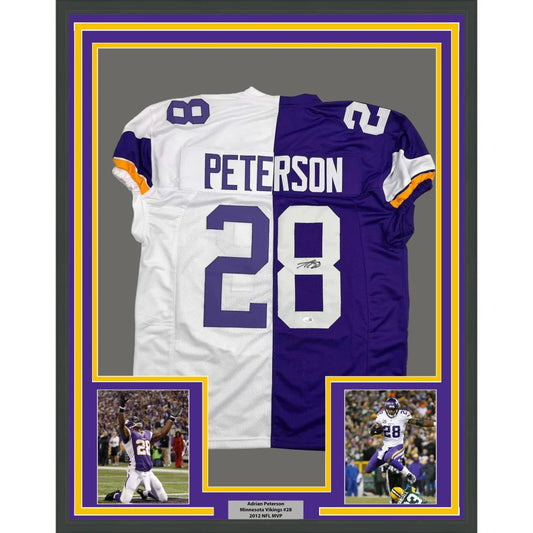 Framed Autographed Adrian Peterson 35x39 Minnesota Split Football Jersey JSA COA | Hall of Fame Sports Memorabilia | vintageantiquesgifts.com