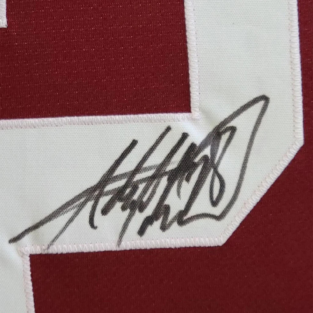 Framed Autographed Adrian Peterson 35x39 Oklahoma Maroon College Football Jersey JSA COA | Certified Authentic Signed Memorabilia | vintageantiquesgifts.com