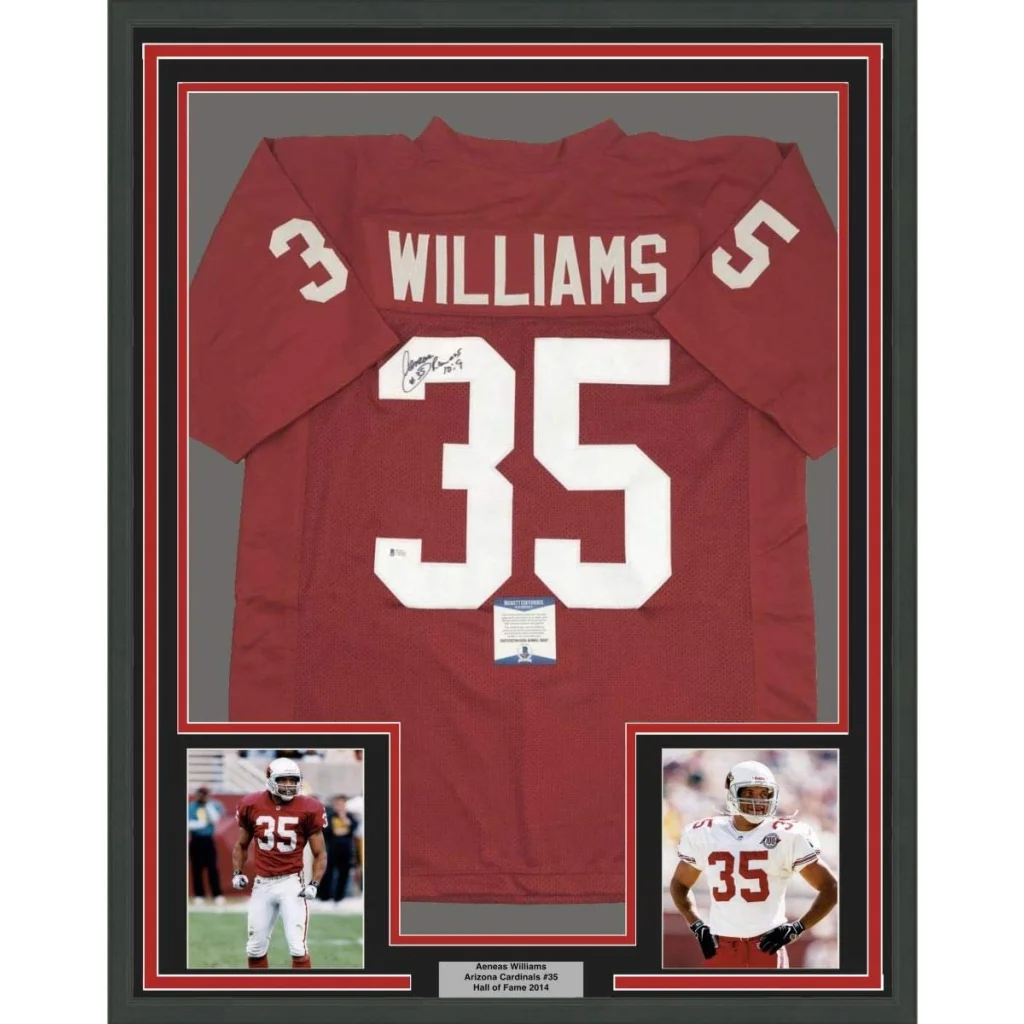 Framed Arizona Red Football Jersey with Aeneas Williams autographs and Beckett BAS COA
