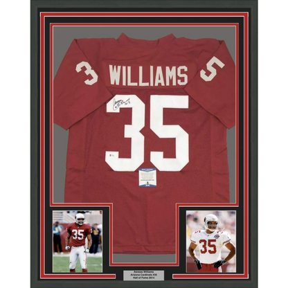 Framed Arizona Red Football Jersey with Aeneas Williams autographs and Beckett BAS COA
