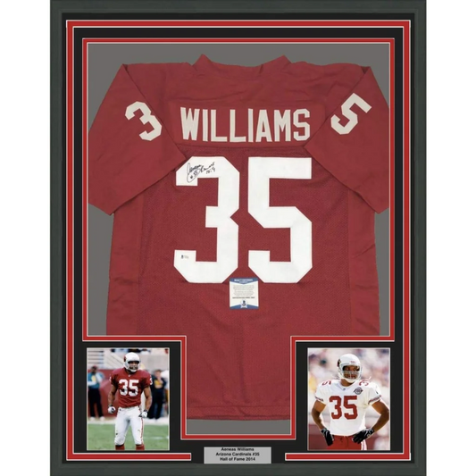 Framed Arizona Red Football Jersey with Aeneas Williams autographs and Beckett BAS COA
