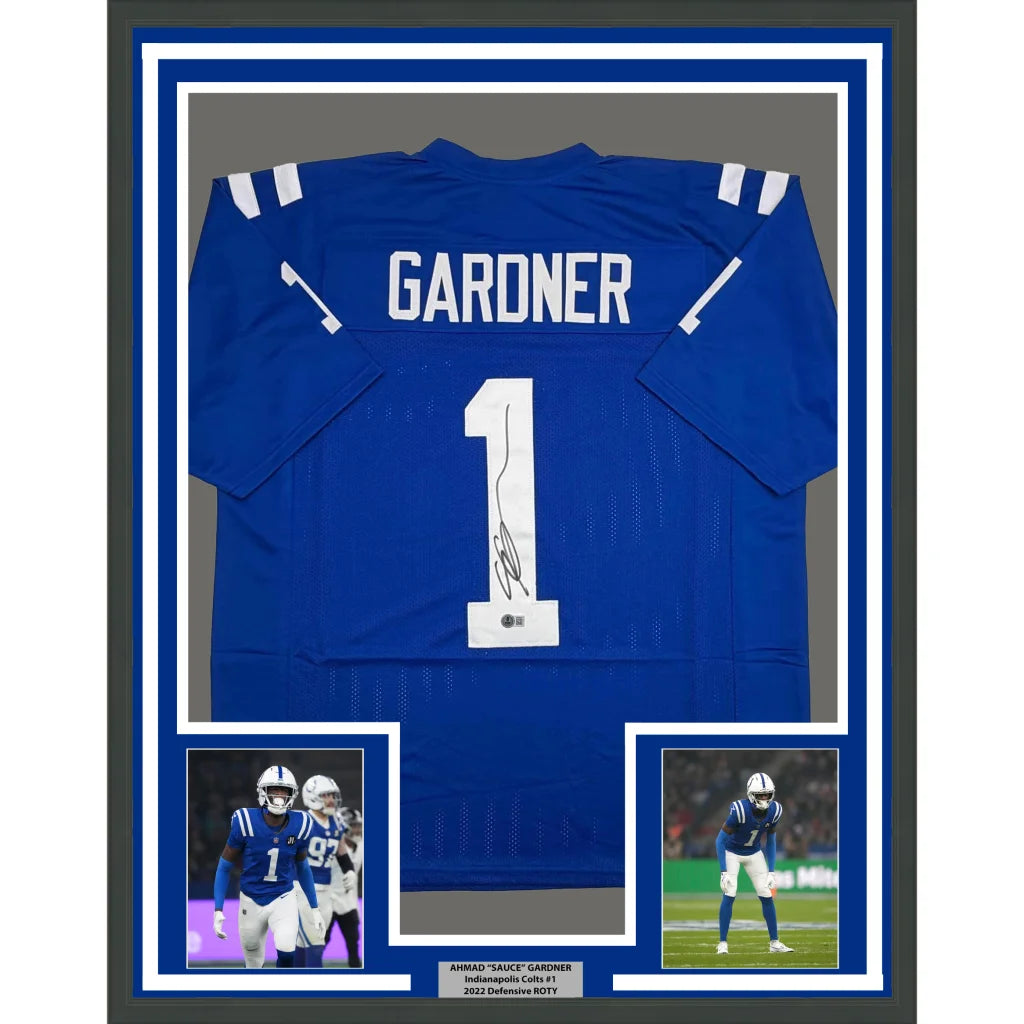 Framed Autographed Ahmad Sauce Gardner 35x39 Indianapolis Blue Football Jersey Beckett BAS COA | Hall of Fame Sports Memorabilia | vintageantiquesgifts.com