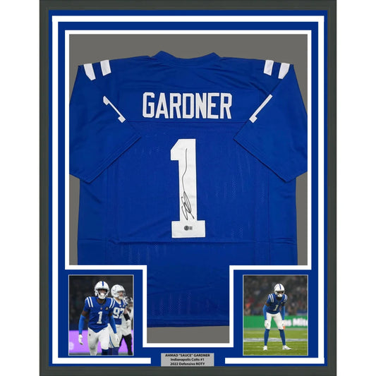 Framed Autographed Ahmad Sauce Gardner 35x39 Indianapolis Blue Football Jersey Beckett BAS COA | Hall of Fame Sports Memorabilia | vintageantiquesgifts.com