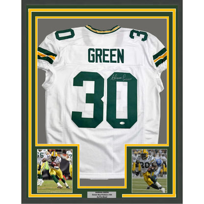 Framed Autographed Ahman Green 35x39 Green Bay White Football Jersey JSA COA | Hall of Fame Sports Memorabilia | vintageantiquesgifts.com