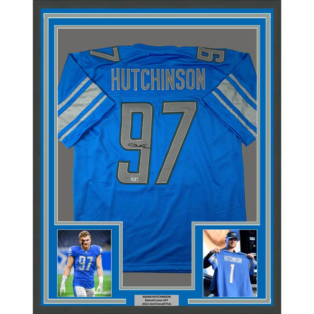 Framed Autographed Aidan Hutchinson 35x39 Detroit Blue Football Jersey Beckett BAS COA | Hall of Fame Sports Memorabilia | vintageantiquesgifts.com