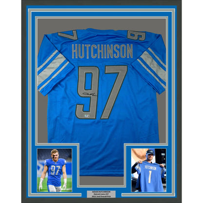 Framed Autographed Aidan Hutchinson 35x39 Detroit Blue Football Jersey Beckett BAS COA | Hall of Fame Sports Memorabilia | vintageantiquesgifts.com