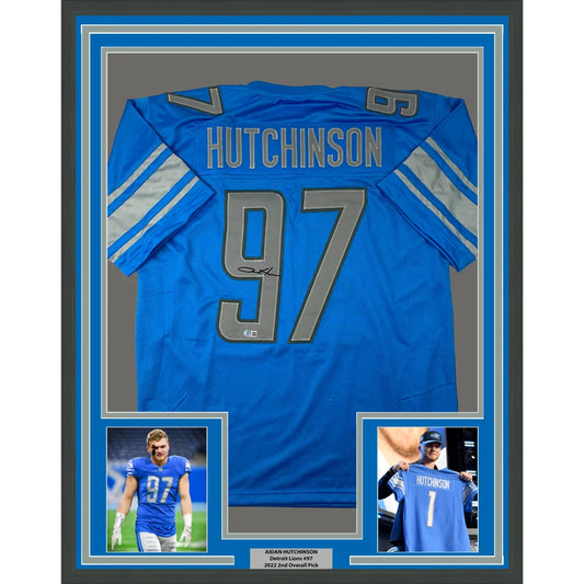 Framed Autographed Aidan Hutchinson 35x39 Detroit Blue Football Jersey Beckett BAS COA | Hall of Fame Sports Memorabilia | vintageantiquesgifts.com