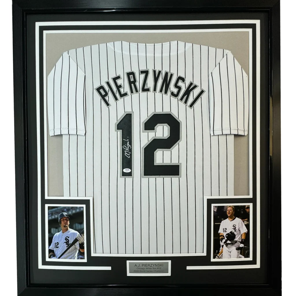 Framed autographed A.J. Pierzynski Chicago pinstripe jersey with Pierzynski 12, PSA/DNA COA