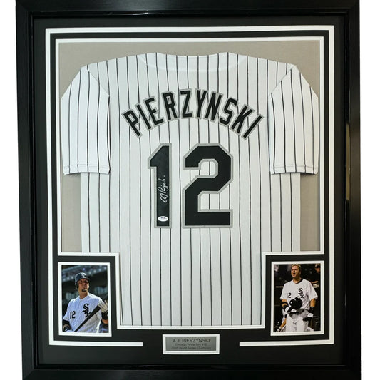 Framed A.J. Pierzynski Chicago White Sox pinstripe jersey with player photos and nameplate