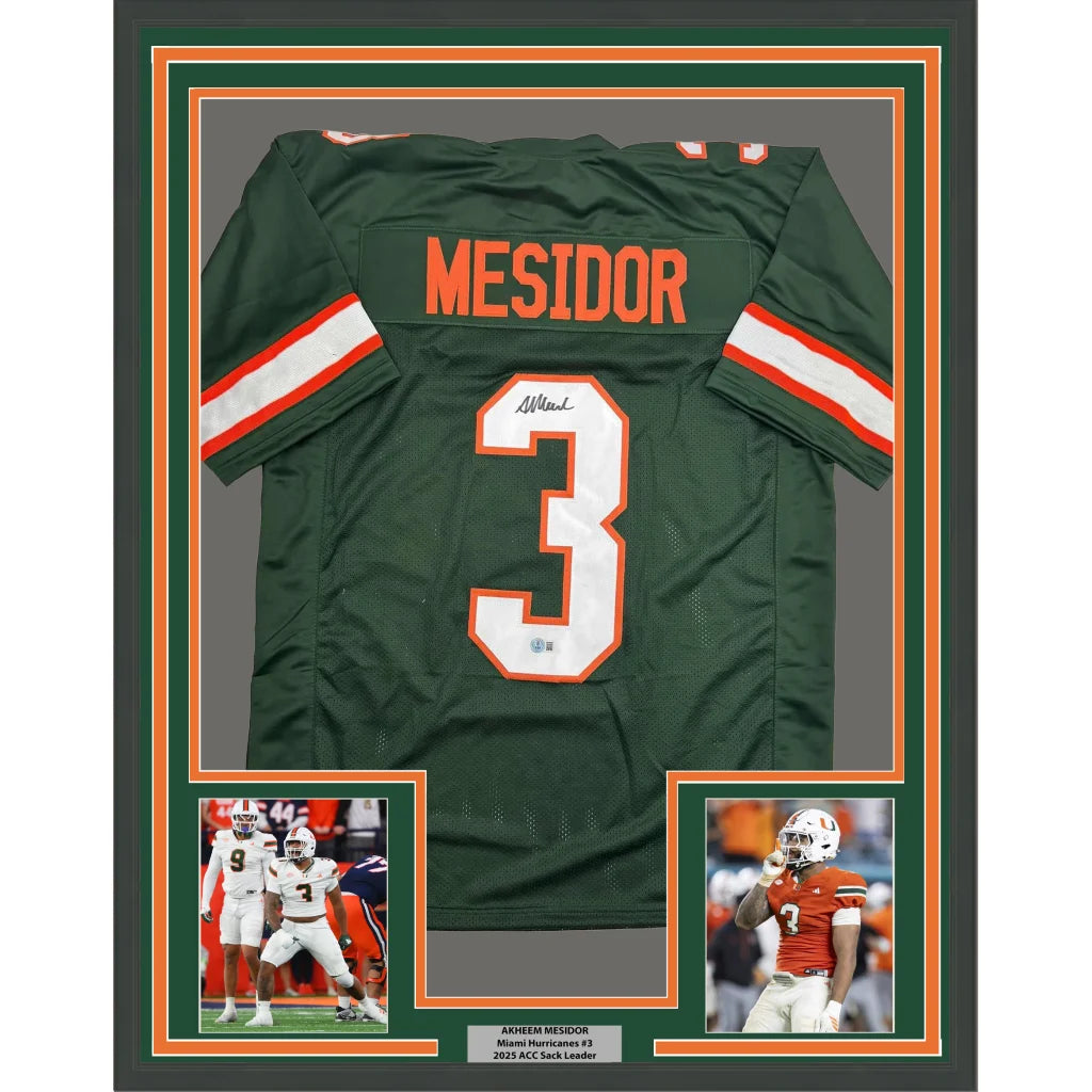 Framed Autographed Akheem Mesidor 35x39 Miami Green College Football Jersey Beckett BAS COA | Hall of Fame Sports Memorabilia | vintageantiquesgifts.com