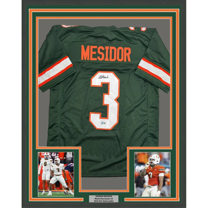 Framed Autographed Akheem Mesidor 35x39 Miami Green College Football Jersey Beckett BAS COA | Hall of Fame Sports Memorabilia | vintageantiquesgifts.com