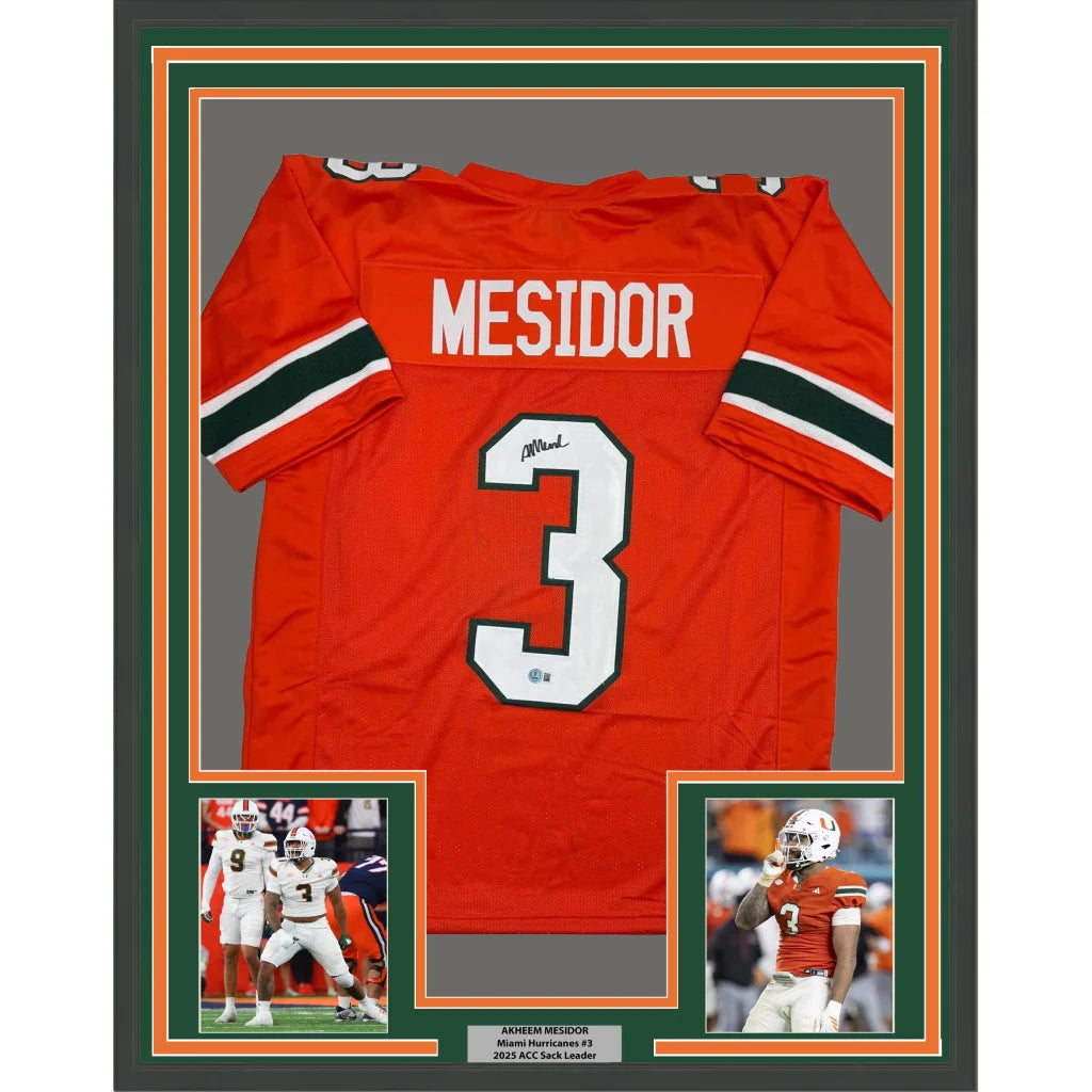 Framed autographed Akheem Mesidor orange Miami Hurricanes jersey back, number 3