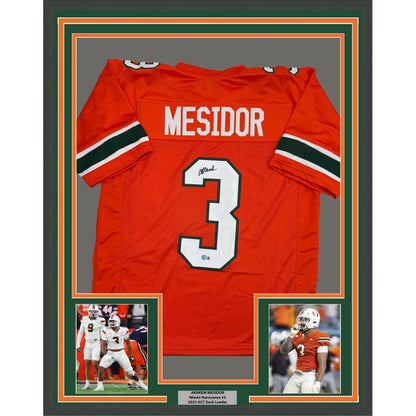 Framed autographed Akheem Mesidor orange Miami Hurricanes jersey back, number 3