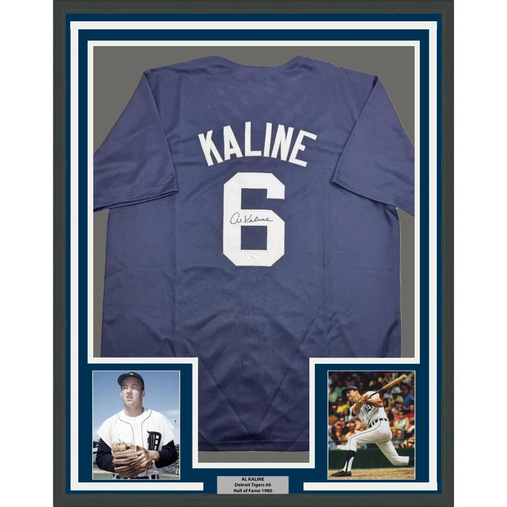 Professionally framed Al Kaline Detroit Tigers autographed jersey with photos and plaque