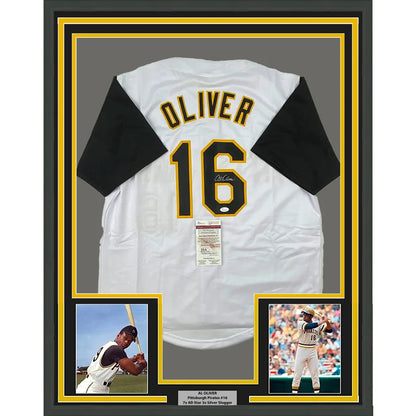 Framed autographed Al Oliver Pittsburgh Pirates white jersey with name Oliver and number 16