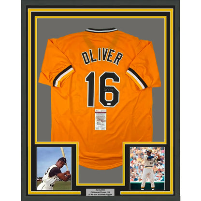Framed autographed Al Oliver Pirates yellow jersey back, number 16, JSA COA