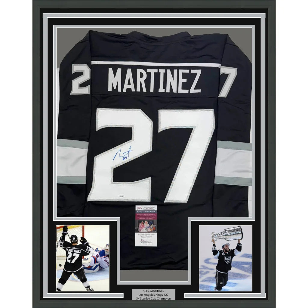 Framed Autographed Alec Martinez 35x39 Los Angeles LA Black Hockey Jersey JSA COA | Hall of Fame Sports Memorabilia | vintageantiquesgifts.com