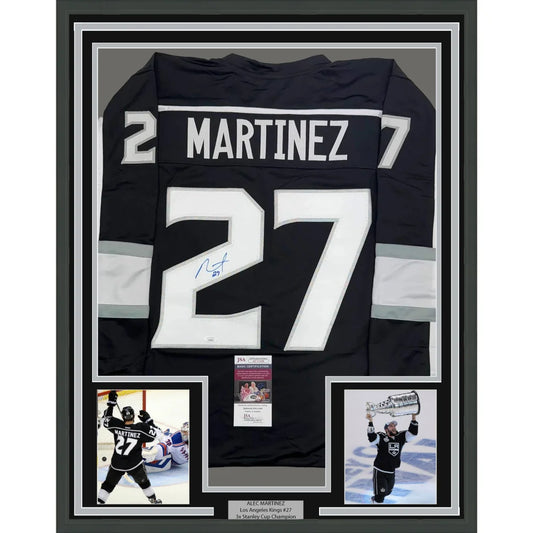 Framed Autographed Alec Martinez 35x39 Los Angeles LA Black Hockey Jersey JSA COA | Hall of Fame Sports Memorabilia | vintageantiquesgifts.com