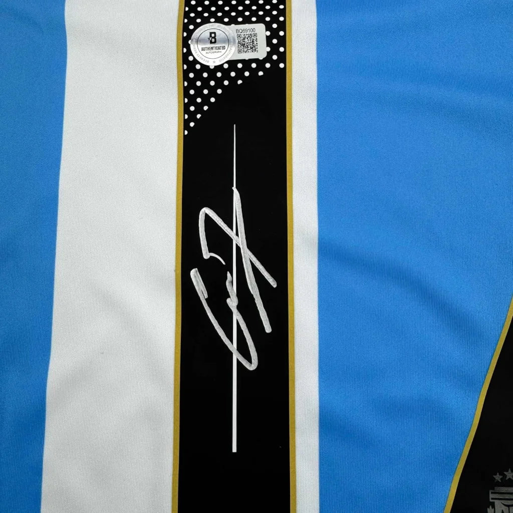 Framed Autographed Alejandro Garnacho 35x39 Argentina Blue Soccer Futbol Jersey Beckett BAS COA #2 | Certified Authentic Signed Memorabilia | vintageantiquesgifts.com