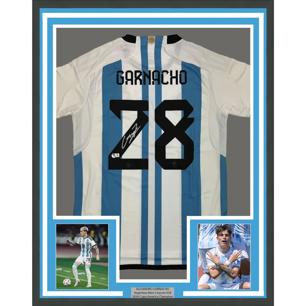 Framed Autographed Alejandro Garnacho 35x39 Argentina Blue Soccer Futbol Jersey Beckett BAS COA | Hall of Fame Sports Memorabilia | vintageantiquesgifts.com