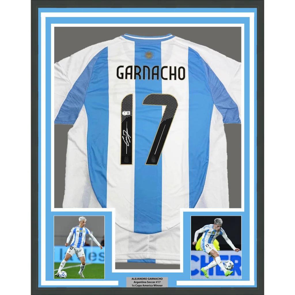 Framed Alejandro Garnacho signed Argentina jersey with player photos, perfect for your man cave