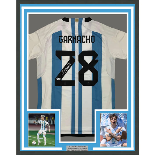 Framed signed Argentina football jersey with Garnacho 28, player photo, and info plaque