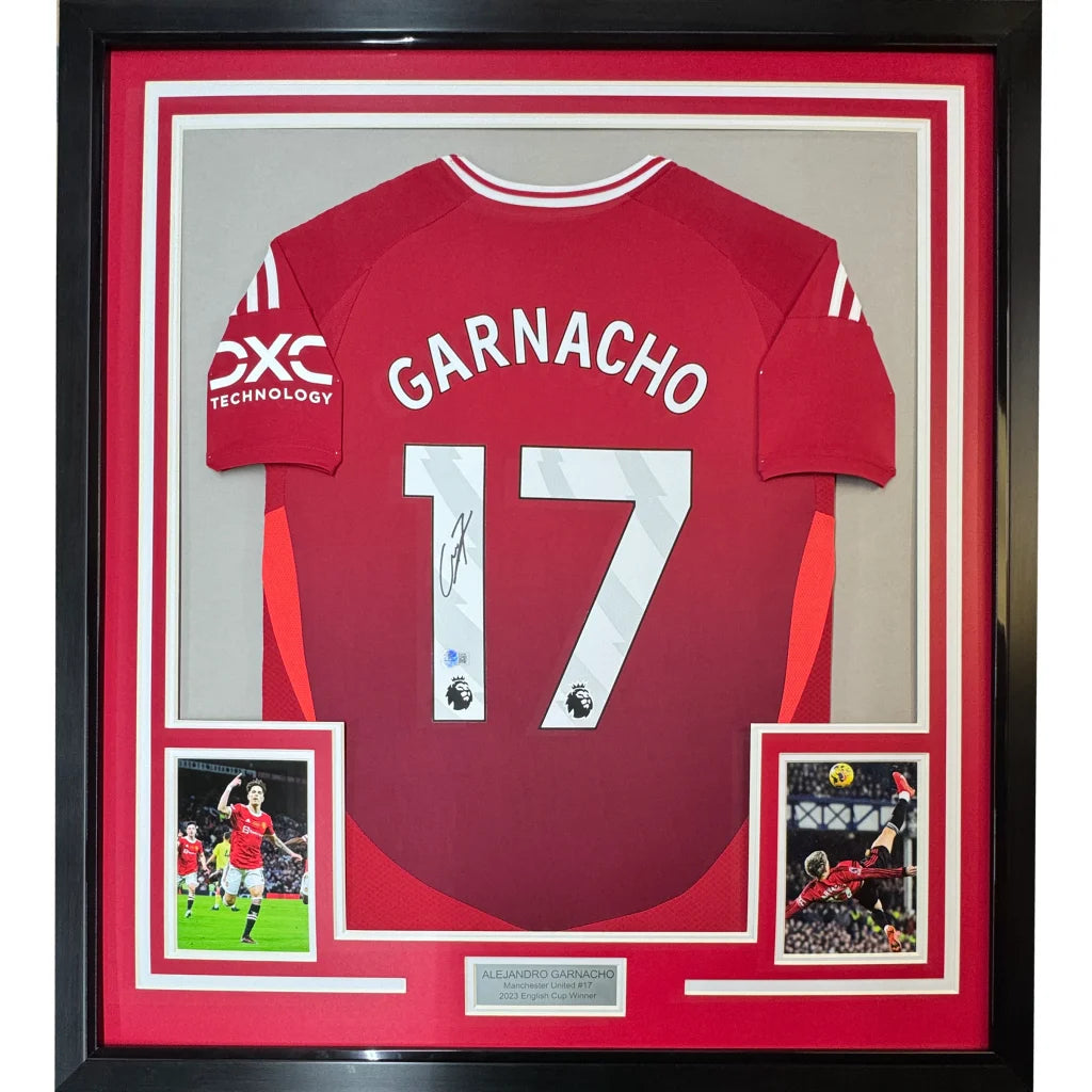 Framed autographed red Manchester United jersey with Garnacho number 17