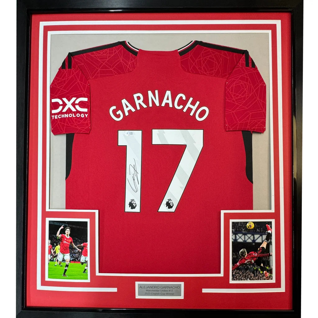 Signed Garnacho Manchester United red jersey with action photos and a commemorative plaque