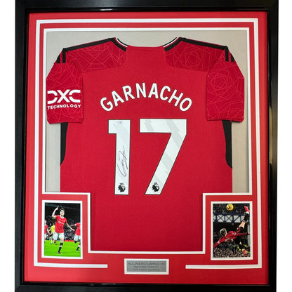 Signed Garnacho Manchester United red jersey with action photos and a commemorative plaque