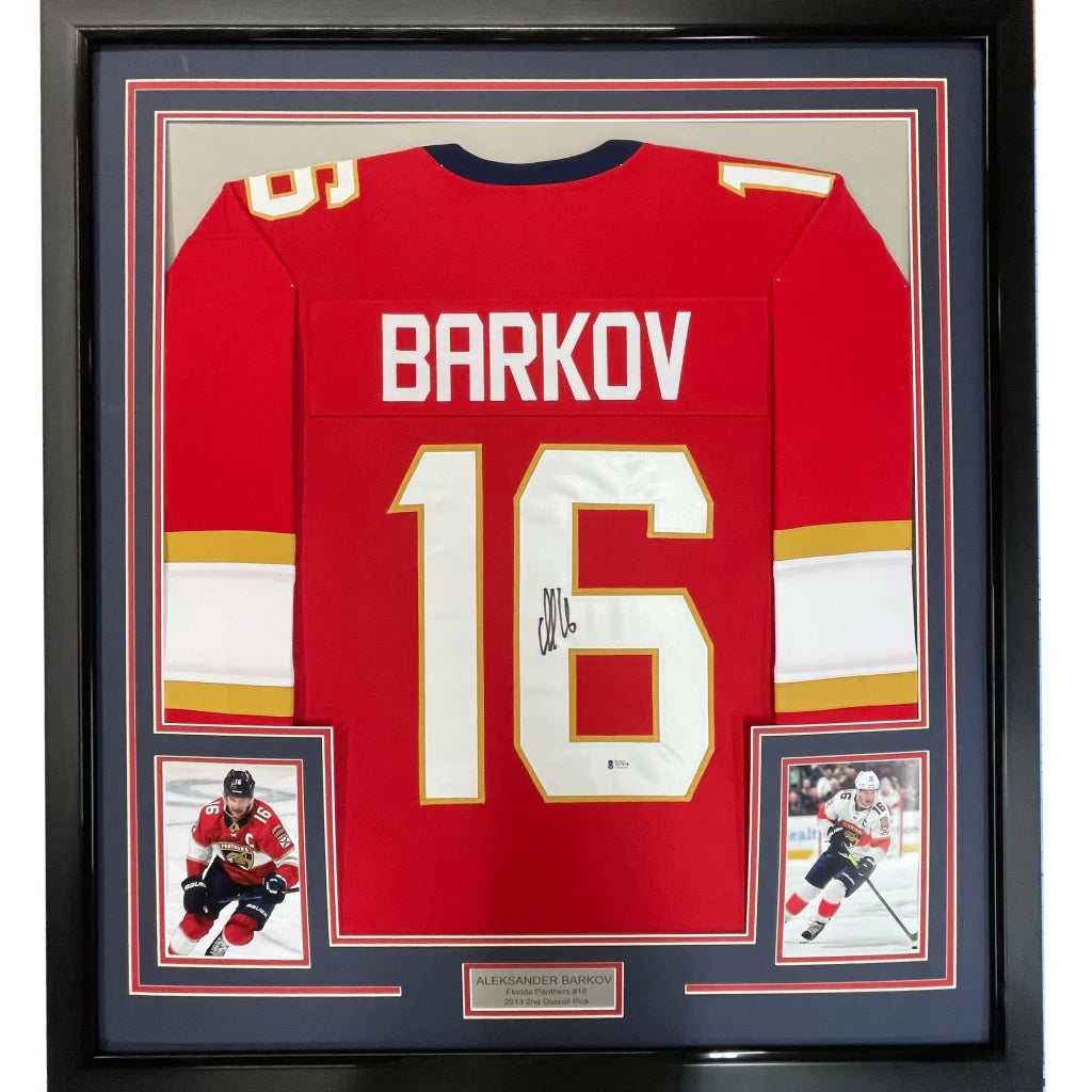 Framed autographed Aleksander Barkov Florida red jersey with Barkov 16