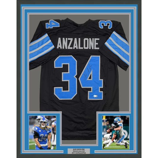Framed Autographed Alex Anzalone 35x39 Detroit Black Football Jersey Beckett BAS COA | Hall of Fame Sports Memorabilia | vintageantiquesgifts.com