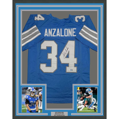 Framed Autographed Alex Anzalone 35x39 Detroit Blue Football Jersey Beckett BAS COA | Hall of Fame Sports Memorabilia | vintageantiquesgifts.com