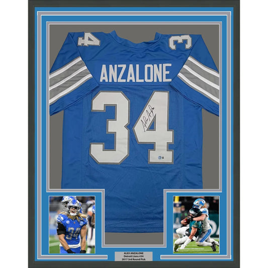 Framed Autographed Alex Anzalone 35x39 Detroit Blue Football Jersey Beckett BAS COA | Hall of Fame Sports Memorabilia | vintageantiquesgifts.com