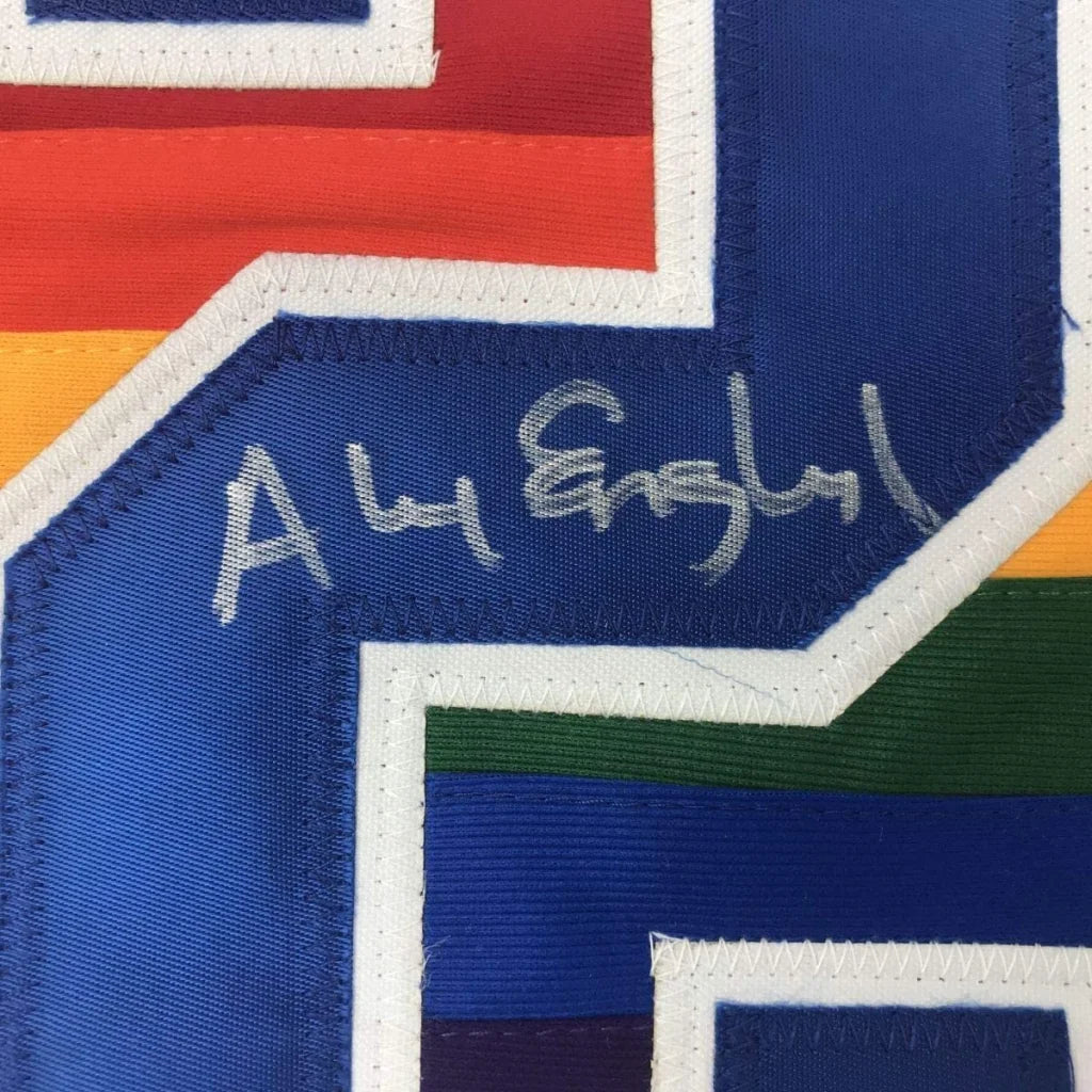 Alex English signed Denver Nuggets white rainbow stripe basketball jersey framed 35x39 display with PSA DNA COA
