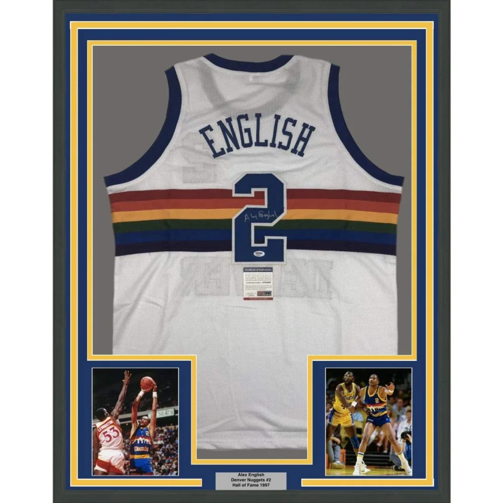 Back of Alex English autographed Denver Nuggets rainbow stripe white basketball jersey number 2 in navy and gold