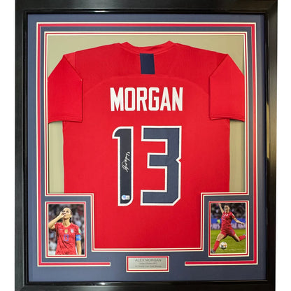 Framed Autographed Alex Morgan 35x39 Red Soccer Team USA World Cup Jersey JSA COA | Hall of Fame Sports Memorabilia | vintageantiquesgifts.com