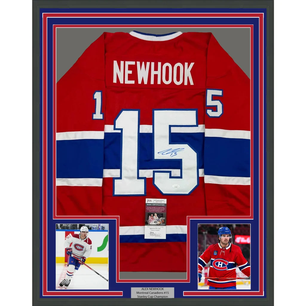 Framed Autographed Alex Newhook 35x39 Montreal Red Hockey Jersey JSA COA | Hall of Fame Sports Memorabilia | vintageantiquesgifts.com