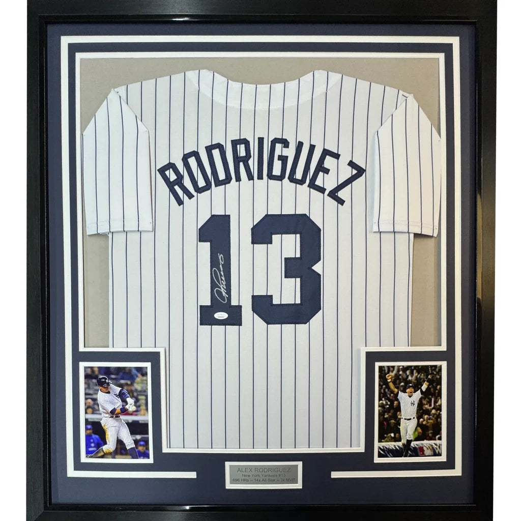 Framed Autographed Alex Rodriguez 35x39 New York Pinstripe Baseball Jersey JSA COA | Hall of Fame Sports Memorabilia | vintageantiquesgifts.com