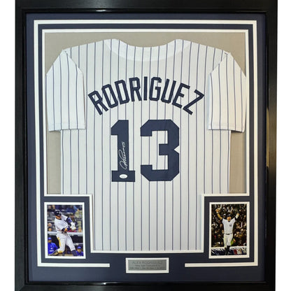 Framed Autographed Alex Rodriguez 35x39 New York Pinstripe Baseball Jersey JSA COA | Hall of Fame Sports Memorabilia | vintageantiquesgifts.com