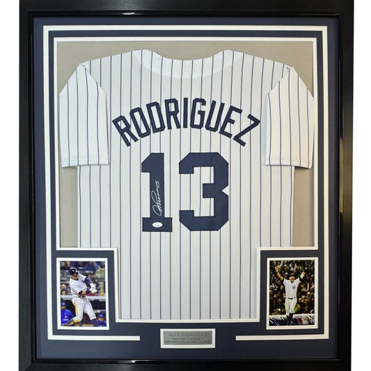 Framed Autographed Alex Rodriguez 35x39 New York Pinstripe Baseball Jersey JSA COA | Hall of Fame Sports Memorabilia | vintageantiquesgifts.com