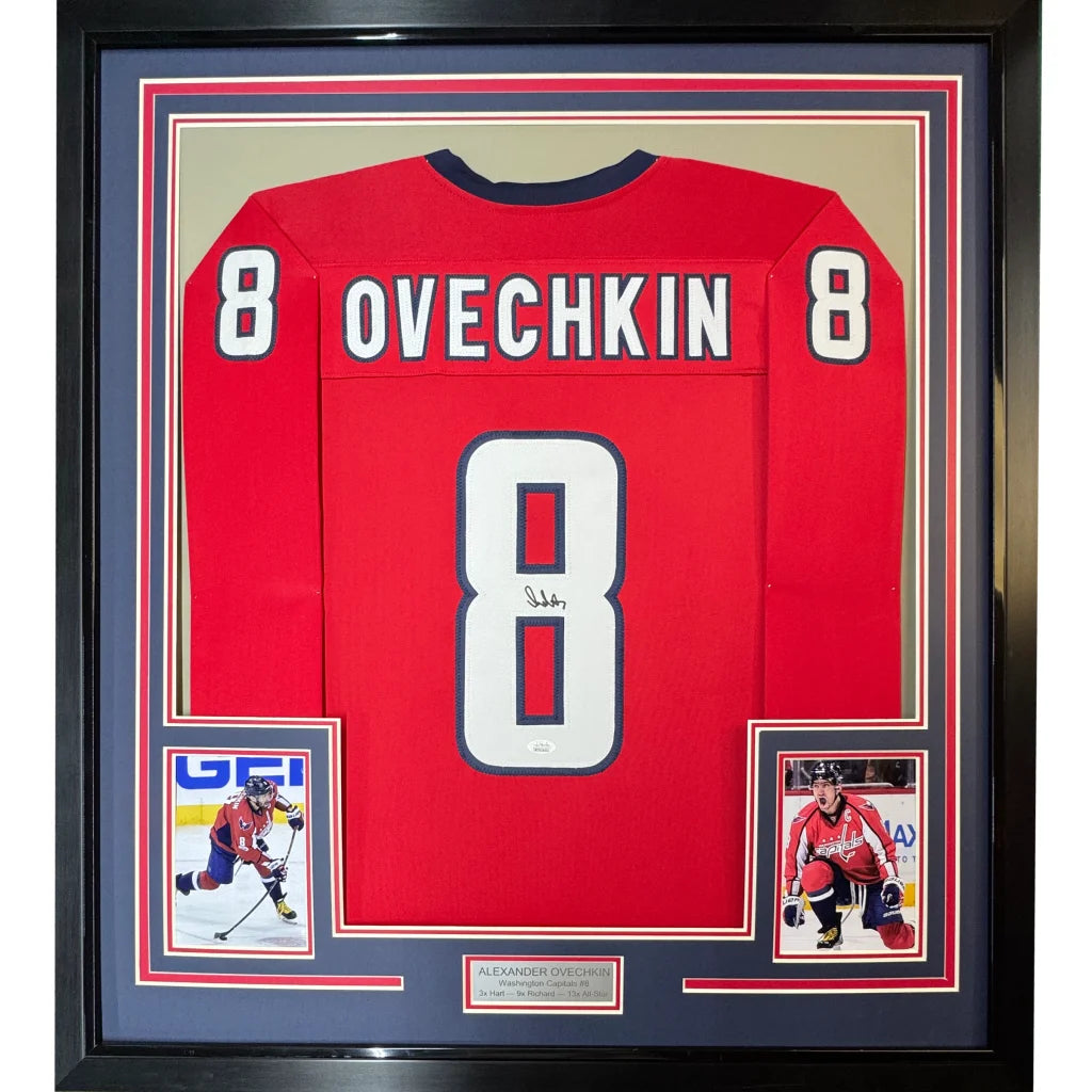 Framed autographed Alex Ovechkin red Washington Capitals jersey with number 8