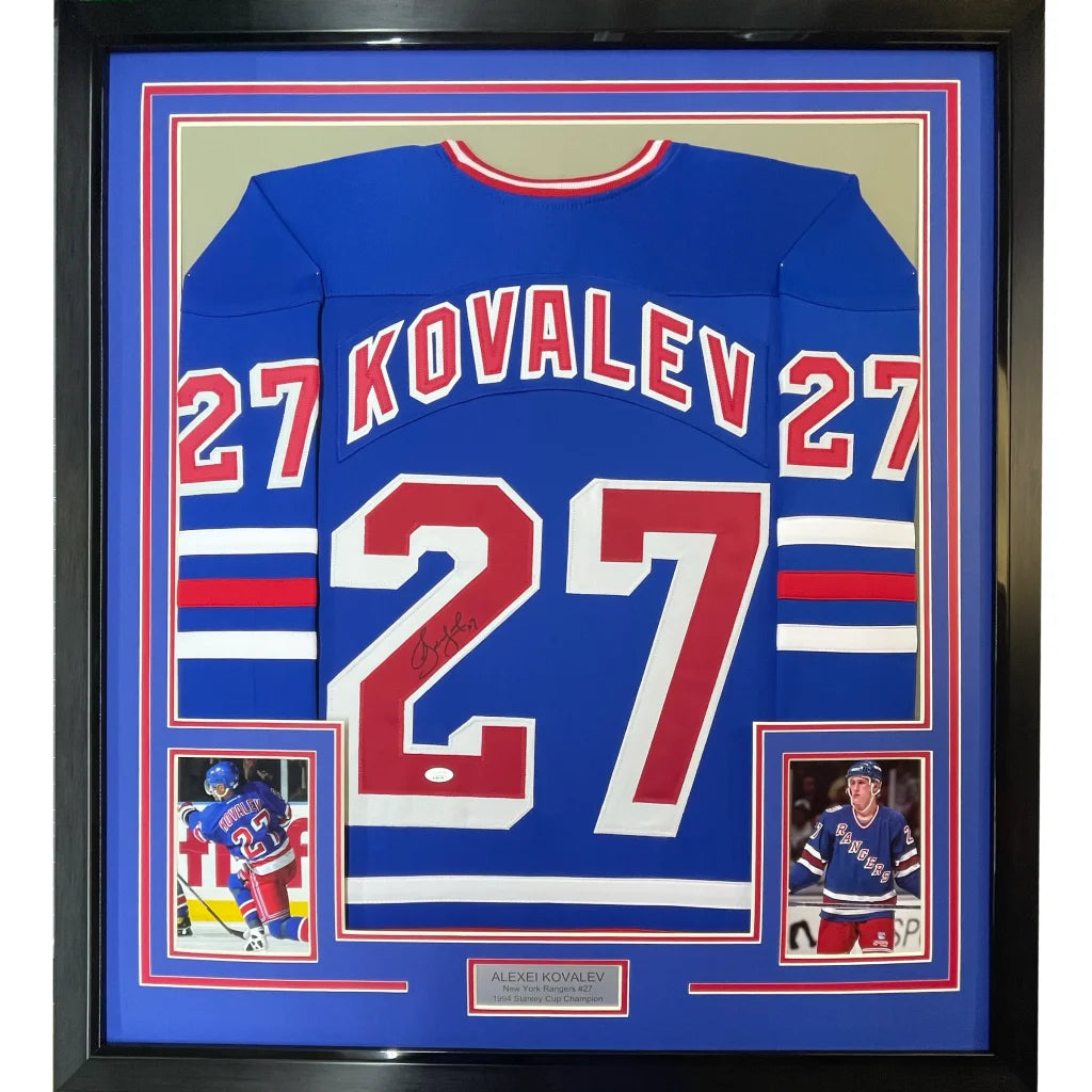 Framed Autographed Alexei Kovalev 35x39 New York Blue Hockey Jersey JSA COA | Hall of Fame Sports Memorabilia | vintageantiquesgifts.com