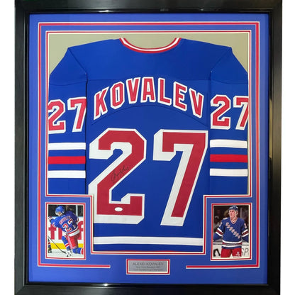 Framed Autographed Alexei Kovalev 35x39 New York Blue Hockey Jersey JSA COA | Hall of Fame Sports Memorabilia | vintageantiquesgifts.com