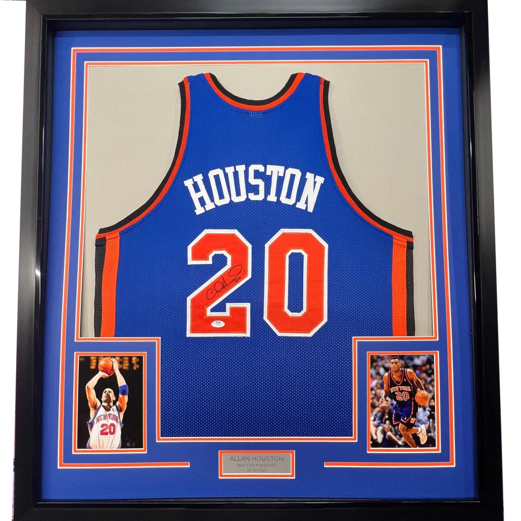 Framed autographed Allan Houston New York Knicks blue jersey with number 20, PSA/DNA COA