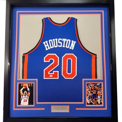 Framed autographed Allan Houston New York Knicks blue jersey with number 20, PSA/DNA COA