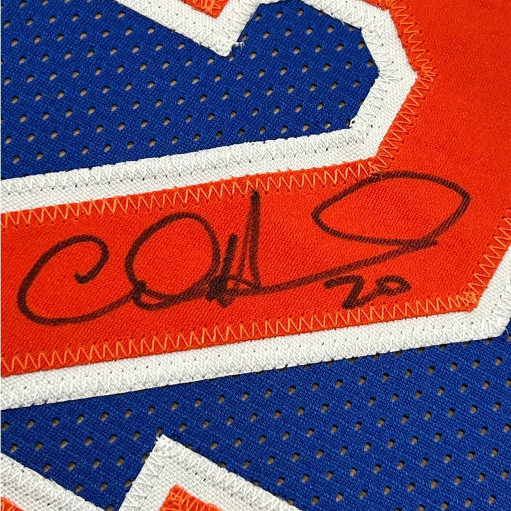 Framed autographed Allan Houston New York Knicks blue basketball jersey