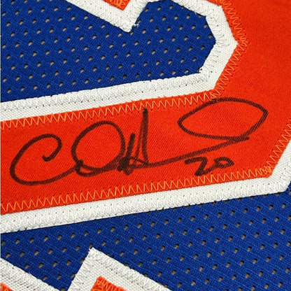 Framed autographed Allan Houston New York Knicks blue basketball jersey