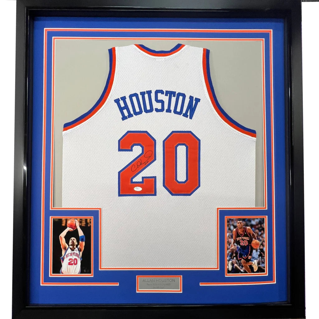 Framed Autographed Allan Houston 35x39 New York White Basketball Jersey PSA/DNA COA | Hall of Fame Sports Memorabilia | vintageantiquesgifts.com