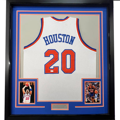 Framed Autographed Allan Houston 35x39 New York White Basketball Jersey PSA/DNA COA | Hall of Fame Sports Memorabilia | vintageantiquesgifts.com